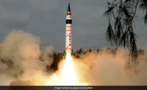 Agni-V intercontinental ballistic missile during a night trial.