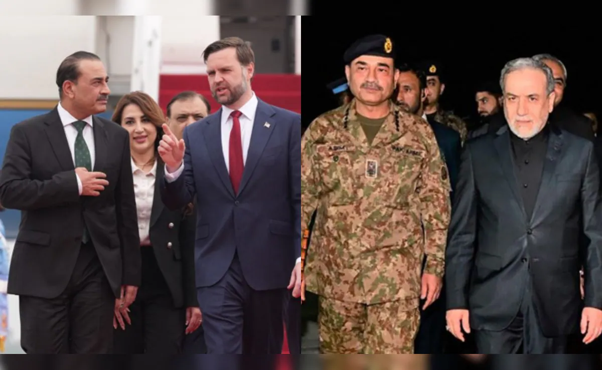 Pakistan Army Chief Field Marshal Asim Munir shaking hands with Iran's Foreign Minister Abbas Araghchi at a meeting in Tehran during peace mediation.