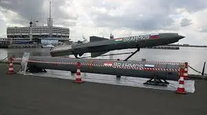 An Indian Navy destroyer launching a BrahMos supersonic cruise missile during a sea trial.