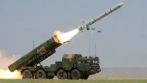 China's CJ-10 land-attack cruise missiles displayed on mobile launcher trucks during a military parade in Beijing.