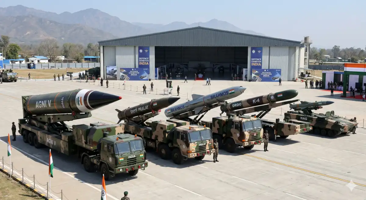 A display of indigenous India made missiles including Agni and BrahMos at a defense exhibition.