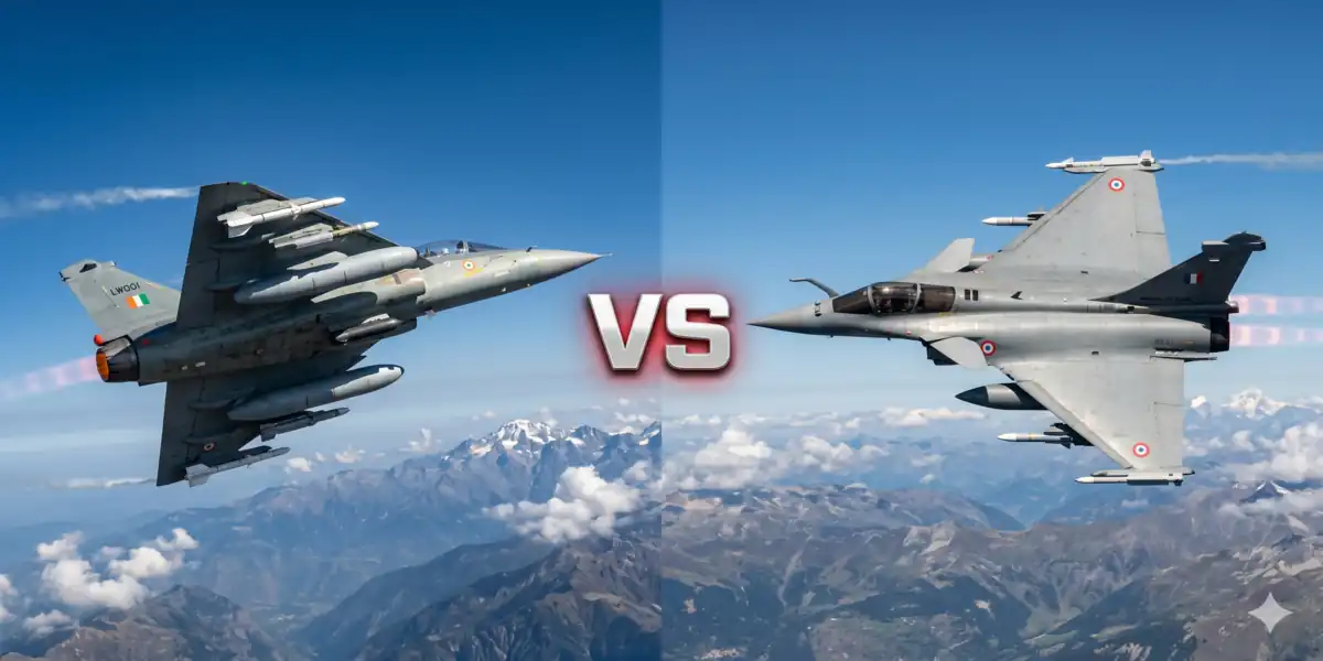 A comparison render of the HAL Tejas Mk2 and Dassault Rafale fighter jets in Indian Air Force colors.