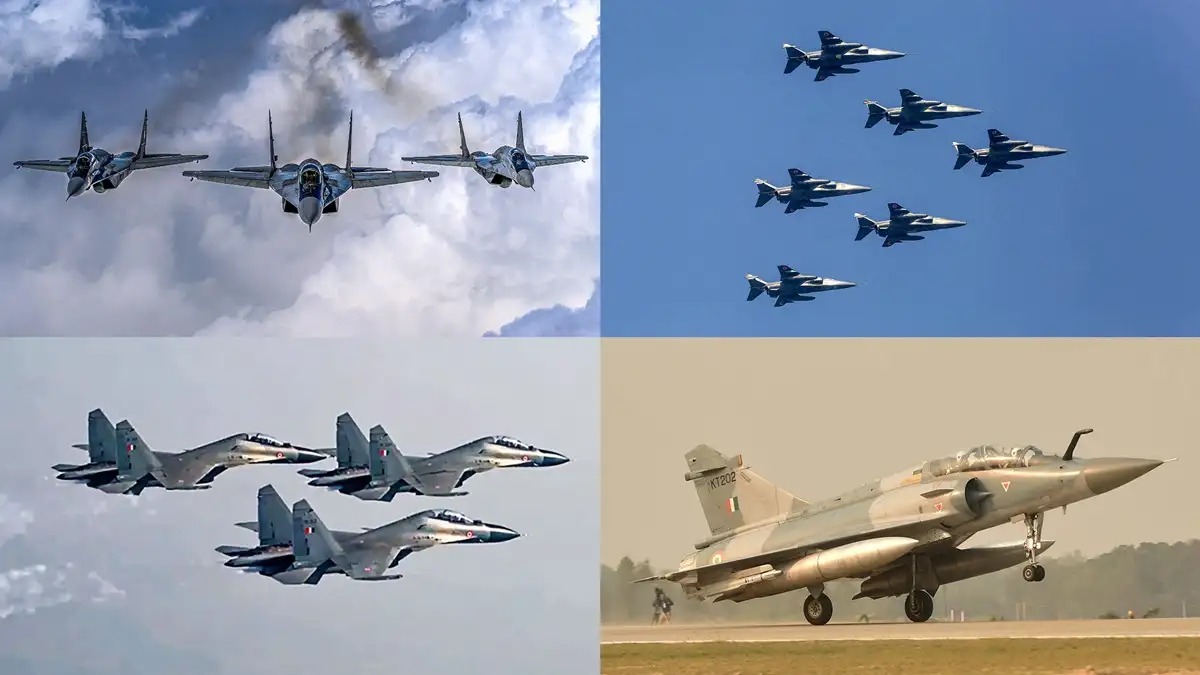 A lineup of Indian Air Force fighter jets including Rafale, Su-30MKI, and Tejas flying in formation.