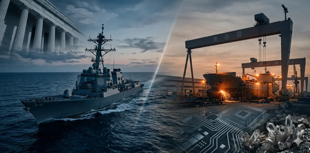 US vs China military power comparison 2026 showing industrial shipyards and naval destroyers.