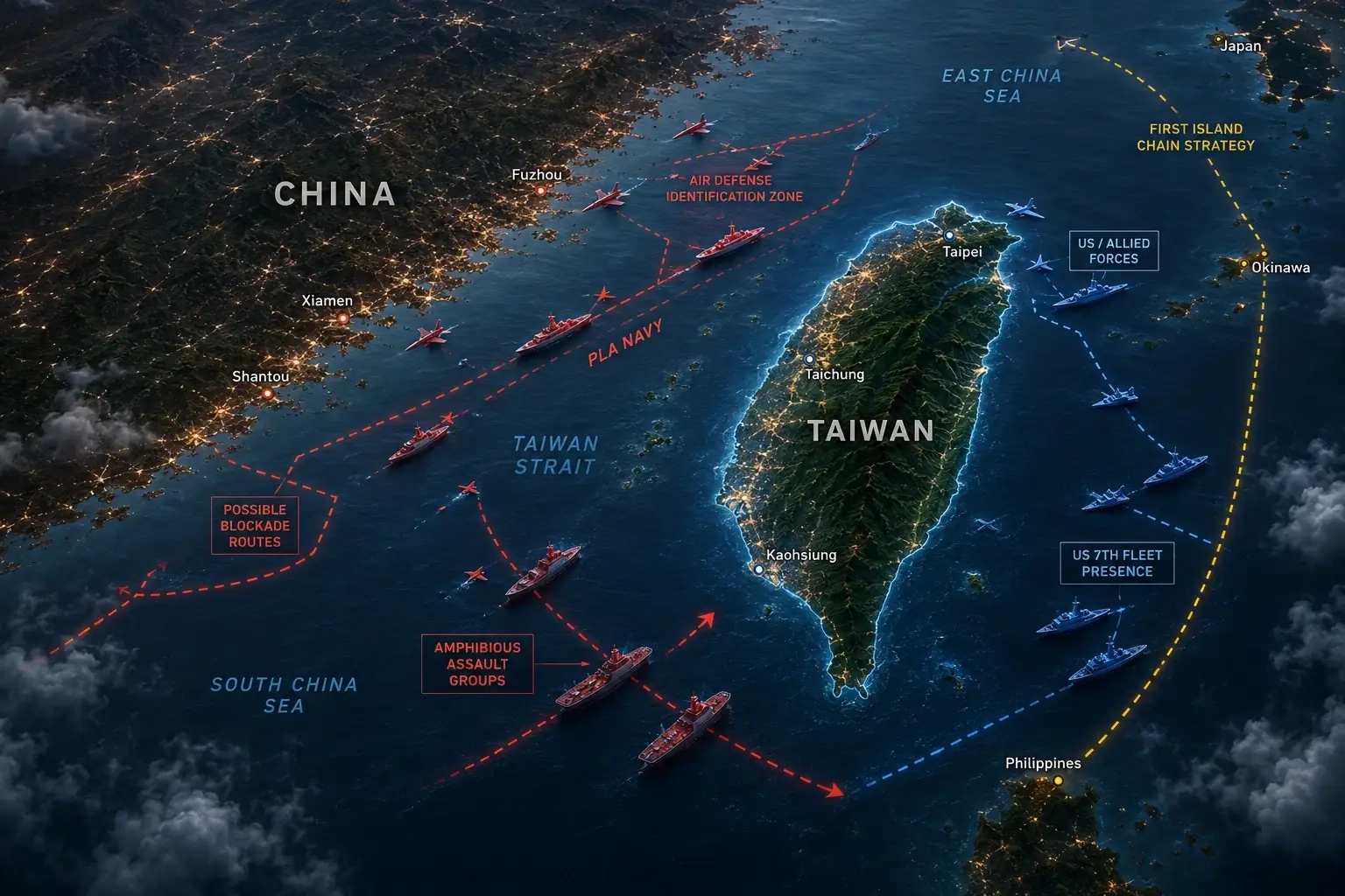 China Taiwan conflict — map showing PLA naval encirclement drills around Taiwan